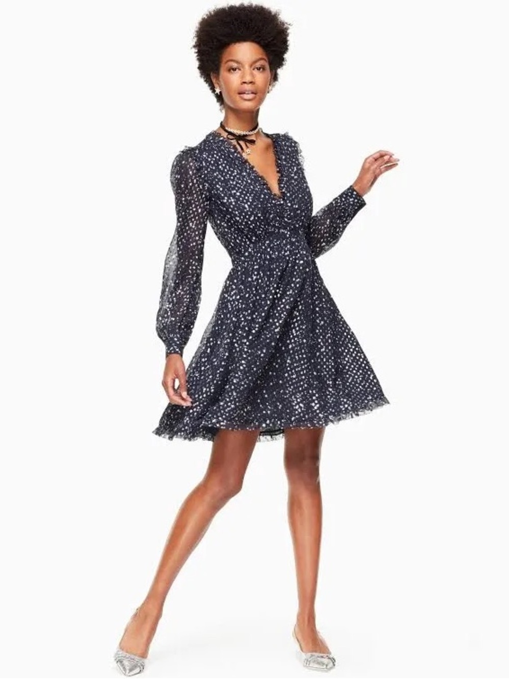 kate spade Night Sky Dot Metallic Print Silk Dress in Star Bright Navy Sz 10